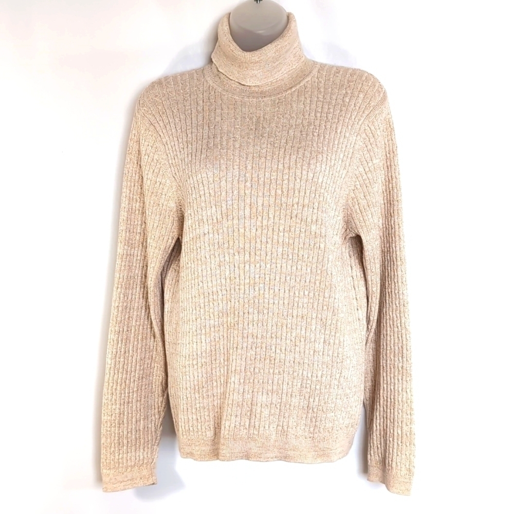 Jeanne Pierre Women’s Long Sleeve Cream & Gold Glitter Turtle Neck Sweater - XL